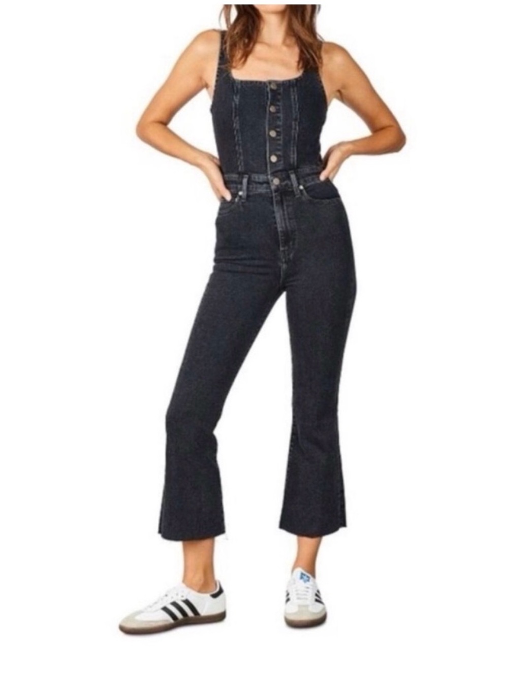 Etica High-Rise Black Cropped Flare Denim Jumpsuit with Button Front XS